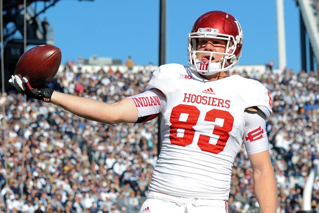 Nov 17, 2012; University Park, PA, USA; Indiana Hoosiers tight end Ted Bolser (83) reacts after making a catch for a touchdown during the second quarter against the Penn State Nittany Lions at Beaver Stadium.  Mandatory Credit: Rich Barnes-USA TODAY Sports