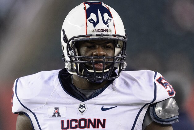 Nov 23, 2013; Philadelphia, PA, USA; Connecticut Huskies defensive tackle Shamar Stephen (59) along the sidelines during the fourth quarter against the Temple Owls at Lincoln Financial Field. UCONN defeated Temple 28-21. Mandatory Credit: Howard Smith-USA TODAY Sports