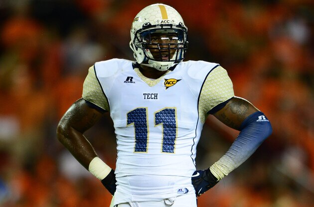 Sep 3, 2012; Blacksburg, VA, USA; Georgia Tech Yellow Jackets linebacker Brandon Watts (11) against the Virginia Tech Hokies at Lane Stadium. Mandatory Credit: Andrew Weber-US Presswire