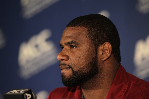 Boston College's Kaleb Ramsey speaks to the media during an Atlantic Coast Conference college football kickoff news conference in Greensboro, N.C., Sunday, July 22, 2012. (AP Photo/Chuck Burton)