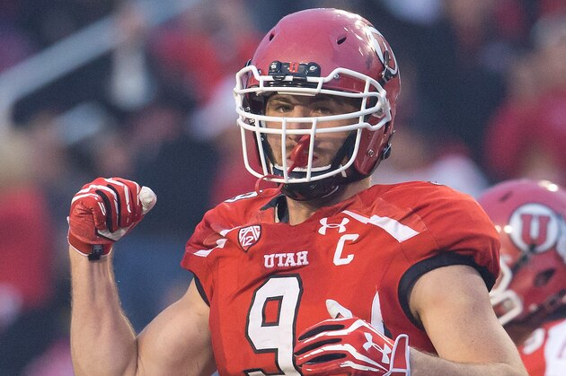 Oct 12, 2013; Salt Lake City, UT, USA; Utah Utes defensive end Trevor Reilly (9) reacts during the second half against the Stanford Cardinal at Rice-Eccles Stadium. Utah defeated Stanford 27-21. Mandatory Credit: Russ Isabella-USA TODAY Sports