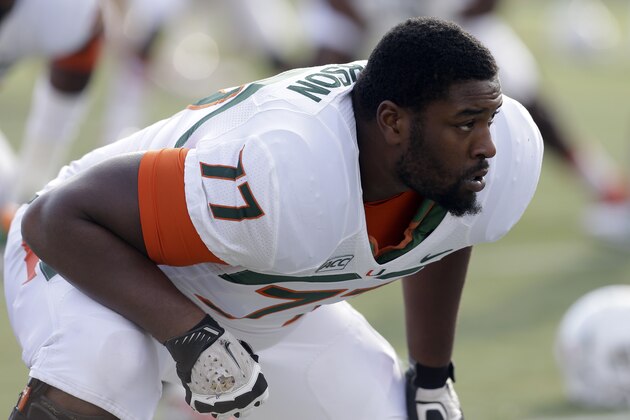 Miami's Seantrel Henderson (77) stretches during pre-game warmups prior to an NCAA college football game against Duke in Durham, N.C., Saturday, Nov. 16, 2013. (AP Photo/Gerry Broome)