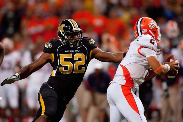 ST. LOUIS - SEPTEMBER 4: Michael Sam #52 of the University of Missouri Tigers looks to sack Nathan Scheelhaase #2 of the University of Illinois Fighting Illini during the State Farm Arch Rivalry game on September 4, 2010 at the Edward Jones Dome in St. Louis, Missouri. The Tigers defeated the Fighting Illini 23-13.  (Photo by Dilip Vishwanat/Getty Images)