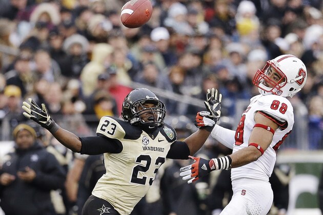 Vanderbilt defensive back Andre Hal (23) breaks up a pass intended for North Carolina State wide receiver Quintin Payton (88) in the third quarter of the Music City Bowl NCAA college football game, Monday, Dec. 31, 2012, in Nashville, Tenn. (AP Photo/Mark Humphrey)