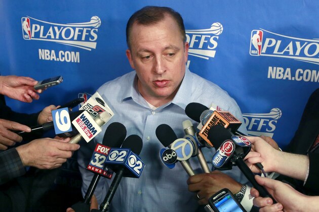 Chicago Bulls head coach Tom Thibodeau talks to reporters about his team's challenges against the Washington Wizards and the recent decision to ban Los Angeles Clippers owner Donald Sterling for life from any association with the league or the Clippers before Game 5 in an opening-round NBA basketball playoff series between the Bulls and Wizards, Tuesday, April 29, 2014, in Chicago. (AP Photo/Charles Rex Arbogast)