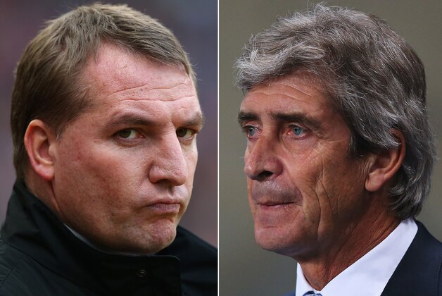 FILE PHOTO - EDITORS NOTE: COMPOSITE OF TWO IMAGES - Image Numbers 159397701 (L) and 459415429) In this composite image a comparison has been made between Brendan Rodgers ,manager of Liverpool (L) and Manuel Pellegrini, manager of Manchester City.  Liverpool and Manchester City meet for a league match on April 13, 2014 at Anfield, Liverpool.
***LEFT IMAGE*** MANCHESTER, ENGLAND - JANUARY 13: Liverpool Manager Brendan Rodgers looks on prior to the Barclays Premier League match between Manchester United and Liverpool at Old Trafford on January 13, 2013 in Manchester, England. (Photo by Alex Livesey/Getty Images) ***RIGHT IMAGE*** MANCHESTER, ENGLAND - DECEMBER 26: Manuel Pellegrini, manager of Manchester City looks on prior to the Barclays Premier League match between Manchester City and Liverpool at Etihad Stadium on December 26, 2013 in Manchester, England. (Photo by Alex Livesey/Getty Images)