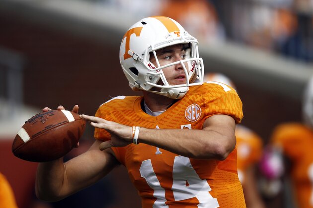 Tennessee quarterback Justin Worley throws during warm-ups before an NCAA college football game against the South Carolina on Saturday, Oct. 19, 2013 in Knoxville, Tenn. (AP Photo/Wade Payne)