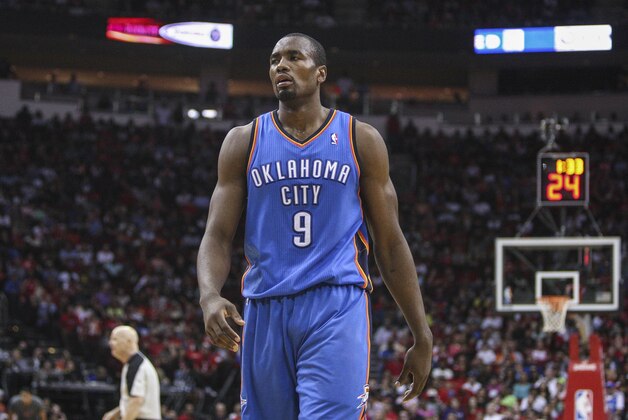 Apr 4, 2014; Houston, TX, USA; Oklahoma City Thunder forward Serge Ibaka (9) reacts after a play during the fourth quarter against the Houston Rockets at Toyota Center. The Rockets defeated the Thunder 111-107. Mandatory Credit: Troy Taormina-USA TODAY Sports