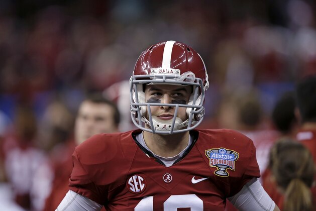 Alabama quarterback AJ McCarron (10) walks on the sideline in the second half of the NCAA college football Sugar Bowl against Oklahoma in New Orleans, Thursday, Jan. 2, 2014. (AP Photo/Patrick Semansky)