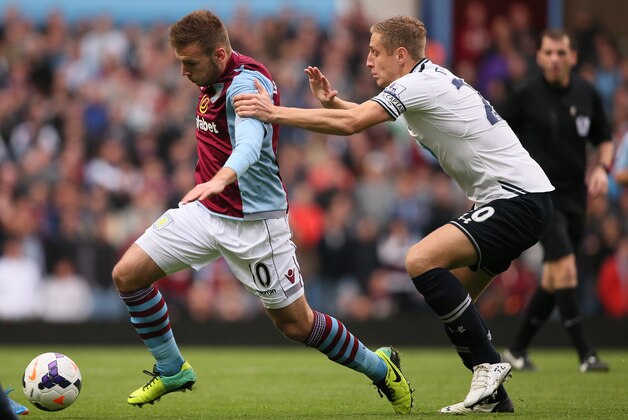 Aston Villa's Andreas Weimann, left, tries to get away from Tottenham Hotspur's Michael Dawson, who fouled and received a yellow card for the tackle during their English Premier League soccer match at Villa Park stadium in Birmingham, England, Sunday, Oct. 20, 2013. (AP Photo/Alastair Grant) Aston Villa's Andreas Weimann, left, tries to get away from Tottenham Hotspur's Michael Dawson, who fouled and received a yellow card for the tackle during their English Premier League soccer match at Villa Park stadium in Birmingham, England, Sunday, Oct. 20, 2013. (AP Photo/Alastair Grant)