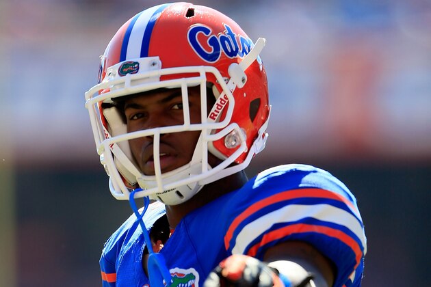 GAINESVILLE, FL - NOVEMBER 03:  Marcus Roberson #5 of the Florida Gators points during the game against the Missouri Tigers at Ben Hill Griffin Stadium on November 3, 2012 in Gainesville, Florida.  (Photo by Sam Greenwood/Getty Images)