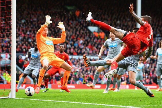 LIVERPOOL, ENGLAND - MAY 11: Daniel Agger of Liverpool (5) shoots past Tim Krul of Newcastle United to score their first goal during the Barclays Premier League match between Liverpool and Newcastle United at Anfield on May 11, 2014 in Liverpool, England. (Photo by Laurence Griffiths/Getty Images) LIVERPOOL, ENGLAND - MAY 11: Daniel Agger of Liverpool (5) shoots past Tim Krul of Newcastle United to score their first goal during the Barclays Premier League match between Liverpool and Newcastle United at Anfield on May 11, 2014 in Liverpool, England. (Photo by Laurence Griffiths/Getty Images)