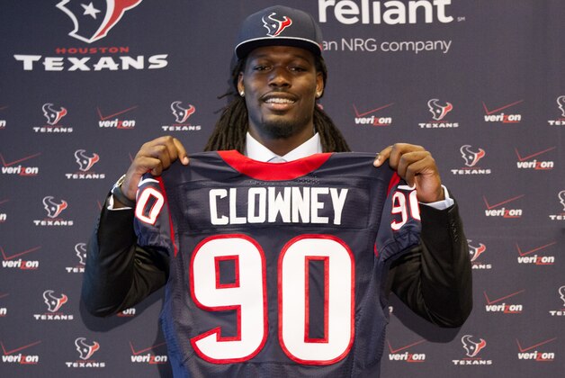 HOUSTON, TX - MAY 09:  Jadeveon Clowney displays his Houston Texans jersey as he is introduced at Reliant Stadium on May 9, 2014 in Houston, Texas. Clowney was selected by the Texans with the first overall pick in the 2014 NFL draft. (Photo by Bob Levey/Getty Images)