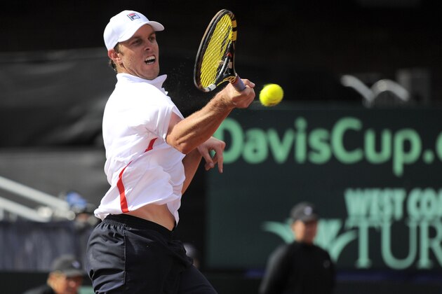 Sam Querrey plays during a match against Britain's Andy Murray at the Davis Cup tennis matches Sunday, Feb. 2, 2014, in San Diego.  (AP Photo/Denis Poroy)