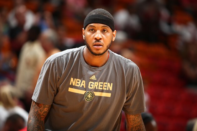 MIAMI, FL - APRIL 6: Carmelo Anthony #7 of the New York Knicks warms up on the court before the game against the Miami Heat on April 6, 2014 at American Airlines Arena in Miami, Florida.  NOTE TO USER: User expressly acknowledges and agrees that, by downloading and or using this photograph, User is consenting to the terms and conditions of the Getty Images License Agreement. Mandatory Copyright Notice: Copyright 2014 NBAE  (Photo by Nathaniel S. Butler/NBAE via Getty Images)
