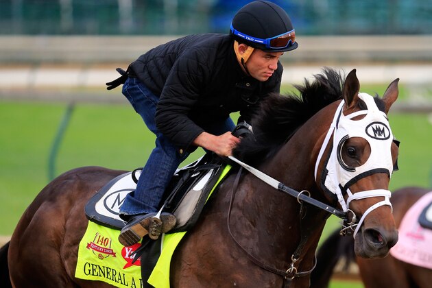 LOUISVILLE, KY - APRIL 29: General A Rod is ridden by  Joel Barrientos during the morning exercise session in preparation for the140th Kentucky Derby at Churchill Downs on April 29, 2014 in Louisville, Kentucky.  (Photo by Rob Carr/Getty Images)