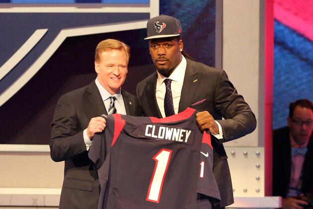 Jadeveon Clowney poses with NFL Commissioner Roger Goodell and his jersey after being selected first by the Houston Texans at the 2014 NFL Draft at Radio City on Thursday, May 8th, 2014 in New York, NY. (AP Photo/Gregory Payan) Jadeveon Clowney poses with NFL Commissioner Roger Goodell and his jersey after being selected first by the Houston Texans at the 2014 NFL Draft at Radio City on Thursday, May 8th, 2014 in New York, NY. (AP Photo/Gregory Payan)
