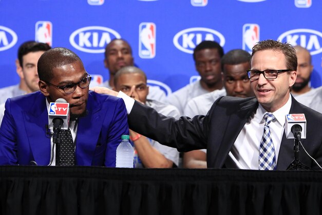 May 6, 2014; Oklahoma City, OK, USA; Oklahoma City Thunder head coach Scott Brooks speaks about how deserving Kevin Durant is of the 2013-2014 MVP award at Thunder Events Center. Mandatory Credit: Alonzo Adams-USA TODAY Sports