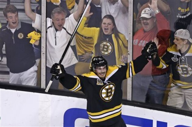 Boston Bruins left wing Loui Eriksson (21) celebrates his goal against Montreal Canadiens goalie Carey Price during the third period of Game 5 in the second-round of the Stanley Cup hockey playoff series in Boston, Saturday, May 10, 2014. (AP Photo/Charles Krupa)