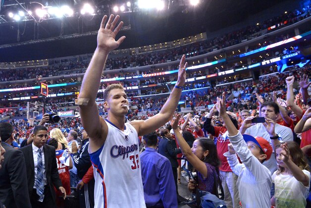 May 11, 2014; Los Angeles, CA, USA; Los Angeles Clippers forward Blake Griffin (32) celebrates at the end of game four of the second round of the 2014 NBA Playoffs against the Oklahoma City Thunder at Staples Center. The Clippers defeated the Thunder 101-99 to tie the series 2-2.Mandatory Credit: Kirby Lee-USA TODAY Sports