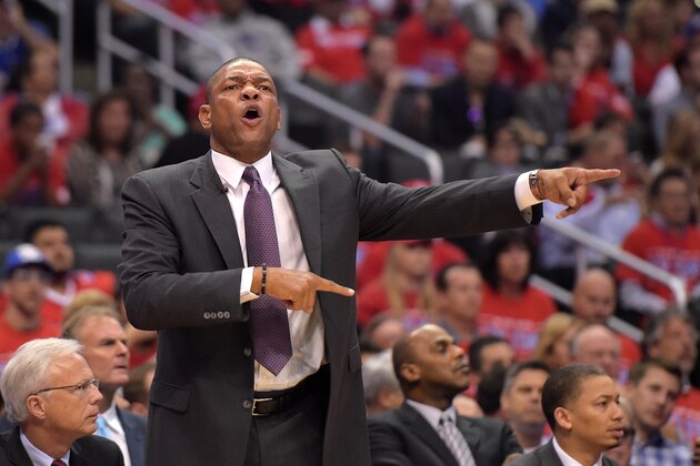 Los Angeles Clippers head coach Doc Rivers gestures to his team in the first half of Game 3 of the Western Conference semifinal NBA basketball playoff series against the Los Angeles Clippers, Friday, May 9, 2014, in Los Angeles. (AP Photo/Mark J. Terrill)