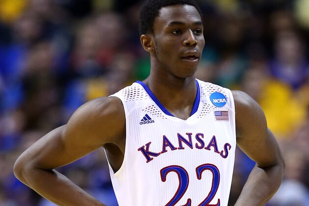 ST LOUIS, MO - MARCH 21:  Andrew Wiggins #22 of the Kansas Jayhawks looks on after a play against the Eastern Kentucky Colonels during the second round of the 2014 NCAA Men's Basketball Tournament at Scottrade Center on March 21, 2014 in St Louis, Missouri.  (Photo by Andy Lyons/Getty Images)