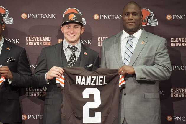 BEREA, OH - MAY 9: Cleveland Browns draft pick Johnny Manziel is introduced by general manager Ray Farmer at a press conference at the Browns training facility on May 9, 2014 in Cleveland, Ohio. Manziel was selected in the first round with the 22nd pick. (Photo by Jason Miller/Getty Images)