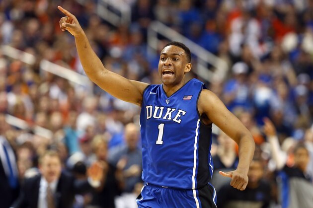 GREENSBORO, NC - MARCH 16:  Jabari Parker #1 of the Duke Blue Devils reacts during their game against the Virginia Cavaliers in the finals of the 2014 Men's ACC Basketball Tournament at Greensboro Coliseum on March 16, 2014 in Greensboro, North Carolina.  (Photo by Streeter Lecka/Getty Images)