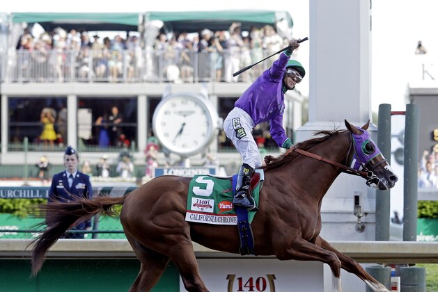 Victor Espinoza rides California Chrome to a victory during the 140th running of the Kentucky Derby horse race at Churchill Downs Saturday, May 3, 2014, in Louisville, Ky. (AP Photo/Morry Gash)