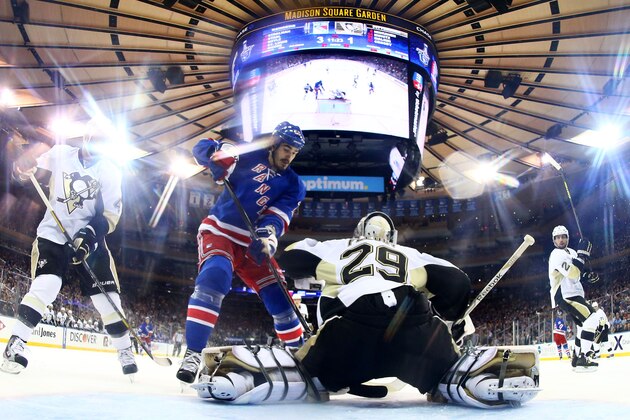 NEW YORK, NY - MAY 11:  Marc-Andre Fleury #29 of the Pittsburgh Penguins defends against Brian Boyle #22 of the New York Rangers in the third period during Game Six of the Second Round of the 2014 NHL Stanley Cup Playoffs at Madison Square Garden on May 11, 2014 in New York City.  (Photo by Elsa/Getty Images)