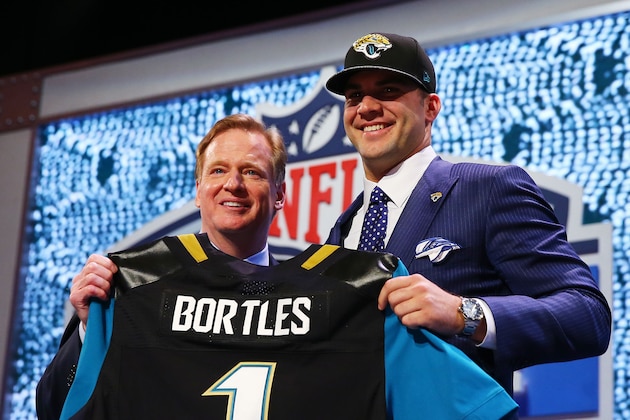 NEW YORK, NY - MAY 08:  Blake Bortles of the UCF Knights poses with NFL Commissioner Roger Goodell after he was picked #3 overall by the Jacksonville Jaguars during the first round of the 2014 NFL Draft at Radio City Music Hall on May 8, 2014 in New York City.  (Photo by Elsa/Getty Images)