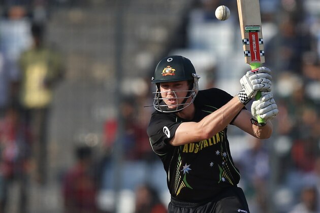 Australia's batsman James Faulkner plays a shot during their ICC Twenty20 Cricket World Cup match against West Indies' in Dhaka, Bangladesh, Friday, March 28, 2014. (AP Photo/Aijaz Rahi)