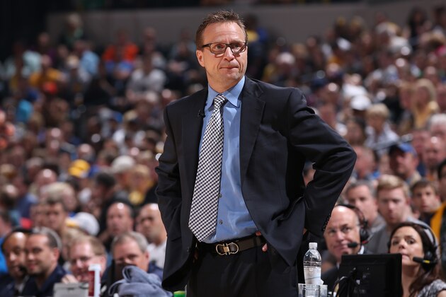 Indianapolis, IN - APRIL 13: Head coach Scott Brooks of the Oklahoma City Thunder coaches during the game against the Indiana Pacers on April 13, 2014 at the Bankers Life Fieldhouse in Indianapolis, Indiana. NOTE TO USER: User expressly acknowledges and agrees that, by downloading and/or using this photograph, user is consenting to the terms and conditions of the Getty Images License Agreement.  Mandatory Copyright Notice: Copyright 2014 NBAE (Photo by Gary Dineen/NBAE via Getty Images)