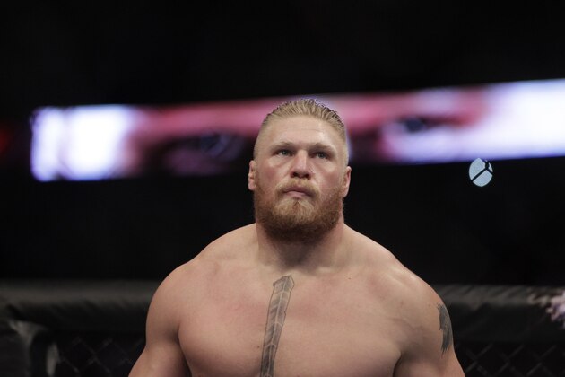Brock Lesnar during a UFC mixed martial arts match with Cain Velasquez in Anaheim, Calif., Saturday, Oct. 23, 2010. Velasquez won by TKO in the first round. (AP Photo/Jae C. Hong)