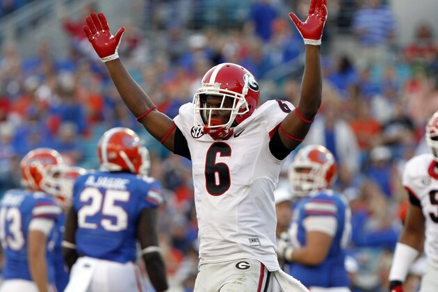 Nov 2, 2013; Jacksonville, FL, USA; Georgia Bulldogs cornerback Shaq Wiggins (6) reacts after Florida Gators missed a field goal during the second half at EverBank Field. Georgia Bulldogs defeated the Florida Gators 23-20.  Mandatory Credit: Kim Klement-USA TODAY Sports