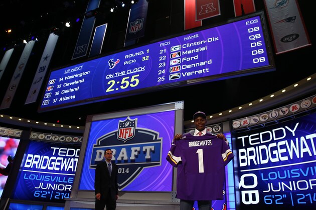 NEW YORK, NY - MAY 08:  Teddy Bridgewater of the Louisville Cardinals poses with a jersey after he was picked #32 overall by the Minnesota Vikings during the first round of the 2014 NFL Draft at Radio City Music Hall on May 8, 2014 in New York City.  (Photo by Elsa/Getty Images)