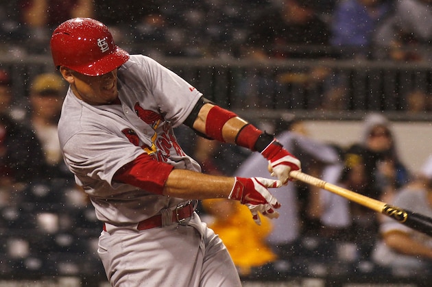 PITTSBURGH, PA - MAY 09:  Allen Craig #21 of the St. Louis Cardinals hits a three run home run in the fourth inning against the Pittsburgh Pirates during the game at PNC Park May 9, 2014 in Pittsburgh, Pennsylvania.  (Photo by Justin K. Aller/Getty Images)