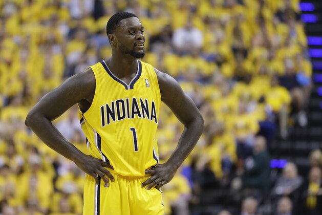 Indiana Pacers guard Lance Stephenson reacts after being charged with a foul against the Washington Wizards during the second quarter of game 1 of the Eastern Conference semifinal NBA basketball playoff series in Indianapolis, Monday, May 5, 2014(AP Photo/Michael Conroy)