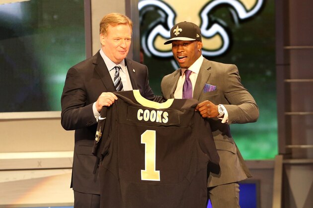 Brandin Cooks is seen with NFL Commissioner Roger Goodell after being selected by the New Orleans Saints at the 2014 NFL Draft at Radio City on Thursday, May 8th, 2014 in New York, NY.  (AP Photo/Gregory Payan)
