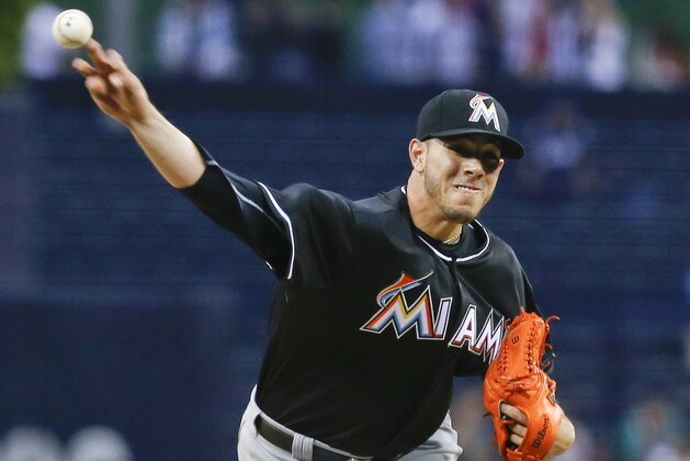Miami Marlins starting pitcher Jose Fernandez works the first inning against the San Diego Padres during a baseball game on Friday, May 9, 2014, in San Diego. (AP Photo/Lenny Ignelzi)