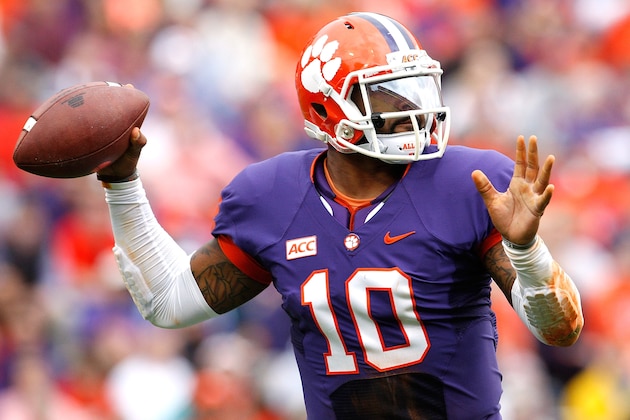 CLEMSON, SC - NOVEMBER 23: Tajh Boyd #10 of the Clemson Tigers drops back to pass during the game against the Citadel Bulldogs at Memorial Stadium on November 23, 2013 in Clemson, South Carolina. (Photo by Tyler Smith/Getty Images)