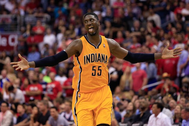 WASHINGTON, DC - MAY 11: Roy Hibbert #55 of the Indiana Pacers celebrates after scoring a basket late in the fourth quarter of the Pacers 95-92 win over the Washington Wizards during Game Four of the Eastern Conference Semifinals during the 2014 NBA Playoffs at Verizon Center on May 11, 2014 in Washington, DC. NOTE TO USER: User expressly acknowledges and agrees that, by downloading and or using this photograph, User is consenting to the terms and conditions of the Getty Images License Agreement.  (Photo by Rob Carr/Getty Images)