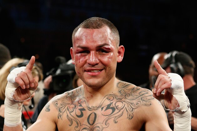 LAS VEGAS, NV - MARCH 30:  Mike Alvarado reacts after defeating Brandon Rios to capture the WBO interim junior welterweight championship at the Mandalay Bay Events Center on March 30, 2013 in Las Vegas, Nevada. (Photo by Josh Hedges/Getty Images)