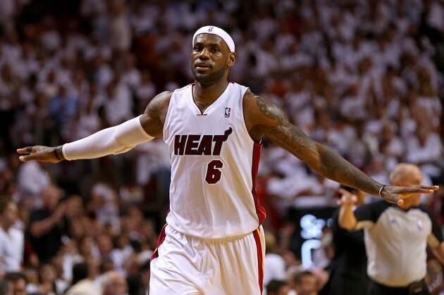MIAMI, FL - MAY 06:  LeBron James #6 of the Miami Heat looks on during Game One of the Eastern Conference Semifinals of the 2014 NBA Playoffs against the Brooklyn Nets at American Airlines Arena on May 6, 2014 in Miami, Florida. NOTE TO USER: User expressly acknowledges and agrees that, by downloading and/or using this photograph, user is consenting to the terms and conditions of the Getty Images License Agreement. Mandatory copyright notice:  (Photo by Mike Ehrmann/Getty Images)