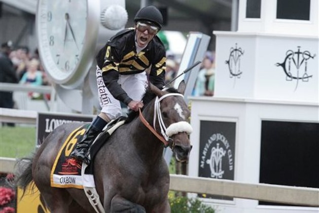 Jockey Gary Stevens celebrates aboard Oxbow after winning the 138th Preakness Stakes horse race at Pimlico Race Course, Saturday, May 18, 2013, in Baltimore. (AP Photo/Garry Jones)
