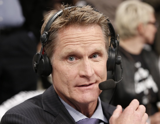 TNT commentator and former Chicago Bulls and San Antonio Spurs guard Steve Kerr broadcasts courtside for Game 4 of an NBA basketball first-round playoff series between the Toronto Raptors and the Brooklyn Nets, Sunday, April 27, 2014, in New York. Kerr said Sunday he spoke with New York Knicks President Phil Jackson twice over the weekend and that they will continue discussing his potential of becoming coach of the team. (AP Photo/Kathy Willens)