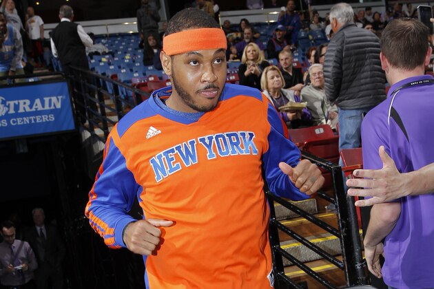 SACRAMENTO, CA - MARCH 26: Carmelo Anthony #7 of the New York Knicks exits out of the tunnel prior to the game against the Sacramento Kings on March 26, 2014 at Sleep Train Arena in Sacramento, California. NOTE TO USER: User expressly acknowledges and agrees that, by downloading and or using this photograph, User is consenting to the terms and conditions of the Getty Images Agreement. Mandatory Copyright Notice: Copyright 2014 NBAE (Photo by Rocky Widner/NBAE via Getty Images)