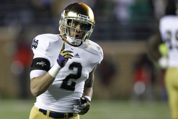 Nov 10, 2012; Boston, MA, USA; Notre Dame Fighting Irish cornerback Bennett Jackson (2) reacts after breaking up a pass against the Boston College Eagles during the first half at Alumni Stadium.  Mandatory Credit: Mark L. Baer-USA TODAY Sports