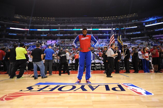 LOS ANGELES, CA - MAY 11: DeAndre Jordan #6 of the Los Angeles Clippers warms up before taking on the Oklahoma City Thunder in Game Four of the Western Conference Semifinals during the 2014 NBA Playoffs at Staples Center on May 11, 2014 in Los Angeles, California. NOTE TO USER: User expressly acknowledges and agrees that, by downloading and/or using this Photograph, user is consenting to the terms and conditions of the Getty Images License Agreement. Mandatory Copyright Notice: Copyright 2014 NBAE (Photo by Noah Graham/NBAE via Getty Images)