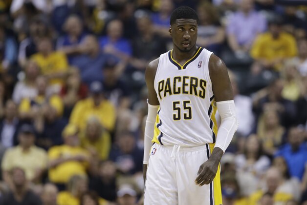 Indiana Pacers' Roy Hibbert in action during the first half of game 2 of the Eastern Conference semifinal NBA basketball playoff series against the Washington Wizards Wednesday, May 7, 2014, in Indianapolis. (AP Photo/Darron Cummings)